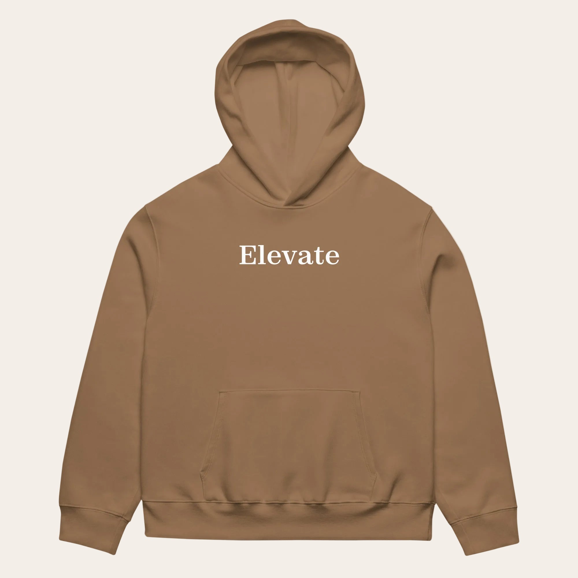 khaki hoodie with the word "Elevate" on the front