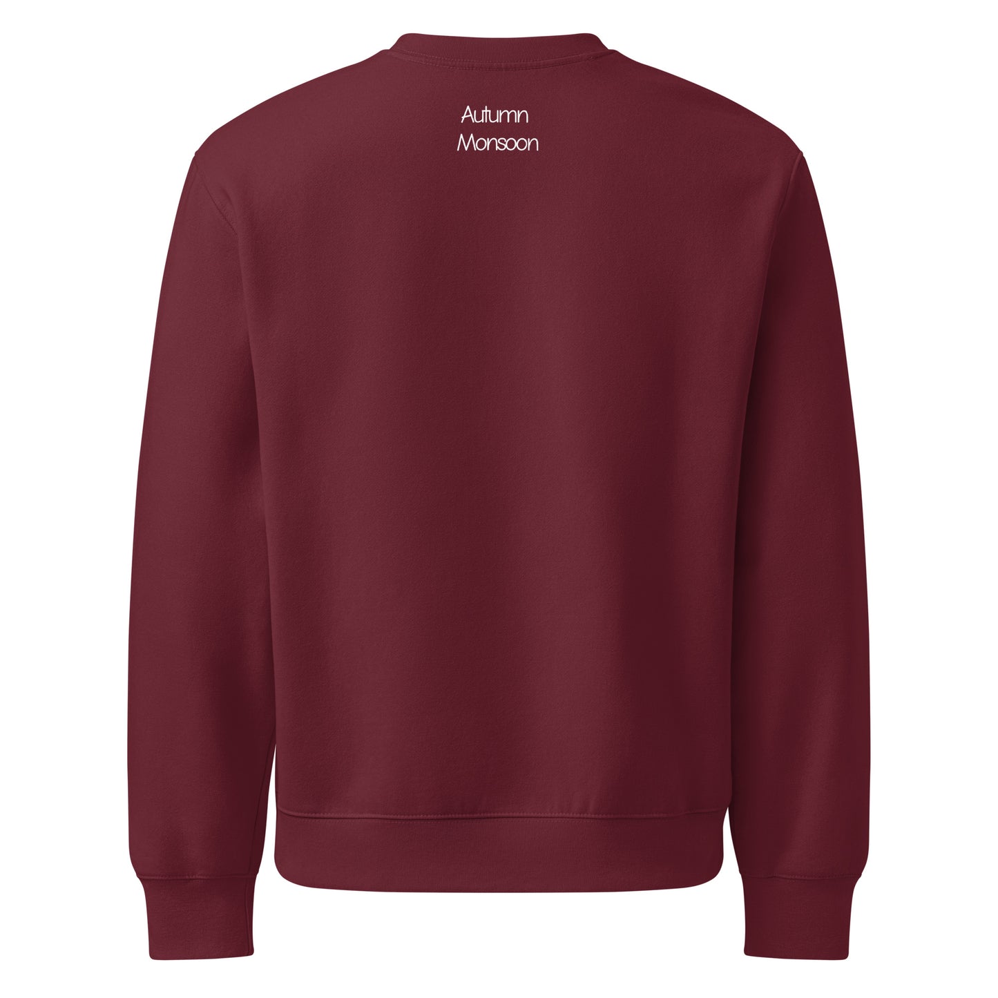 Maroon sweatshirt with 'Autumn Monsoon' text on the back against a white background
