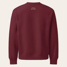 Maroon sweatshirt with text on the back against a white background