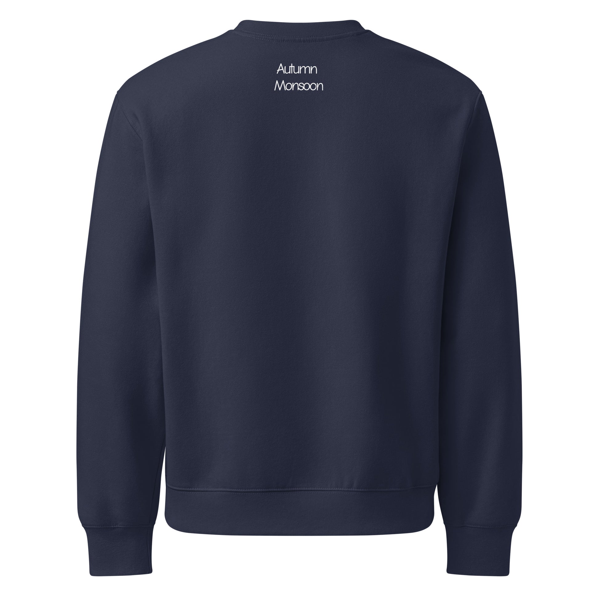Navy blue sweatshirt with 'Autumn Monsoon' text on the back against a white background