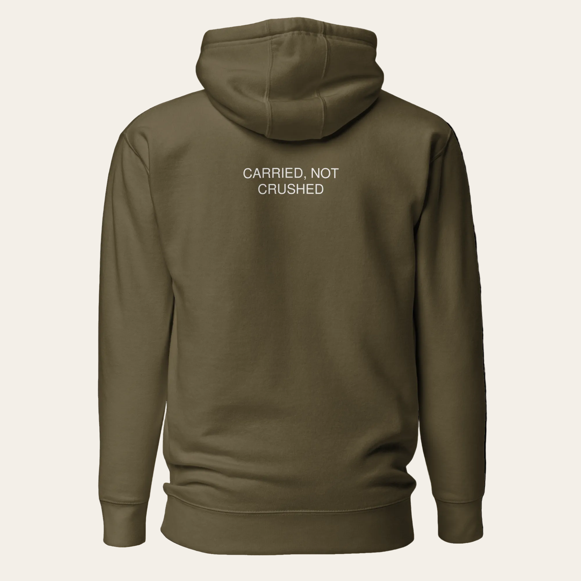 Brown hoodie with text 'CARRIED, NOT CRUSHED' on the back against a white background