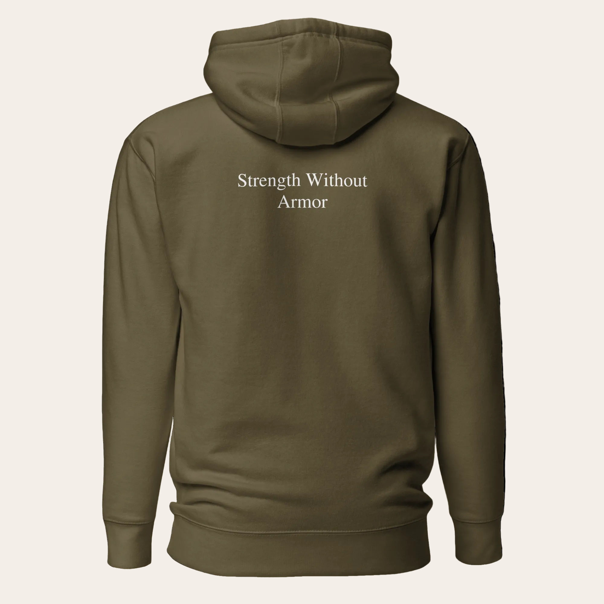 Brown hoodie with 'Strength Without Armor' text on the back against a white background