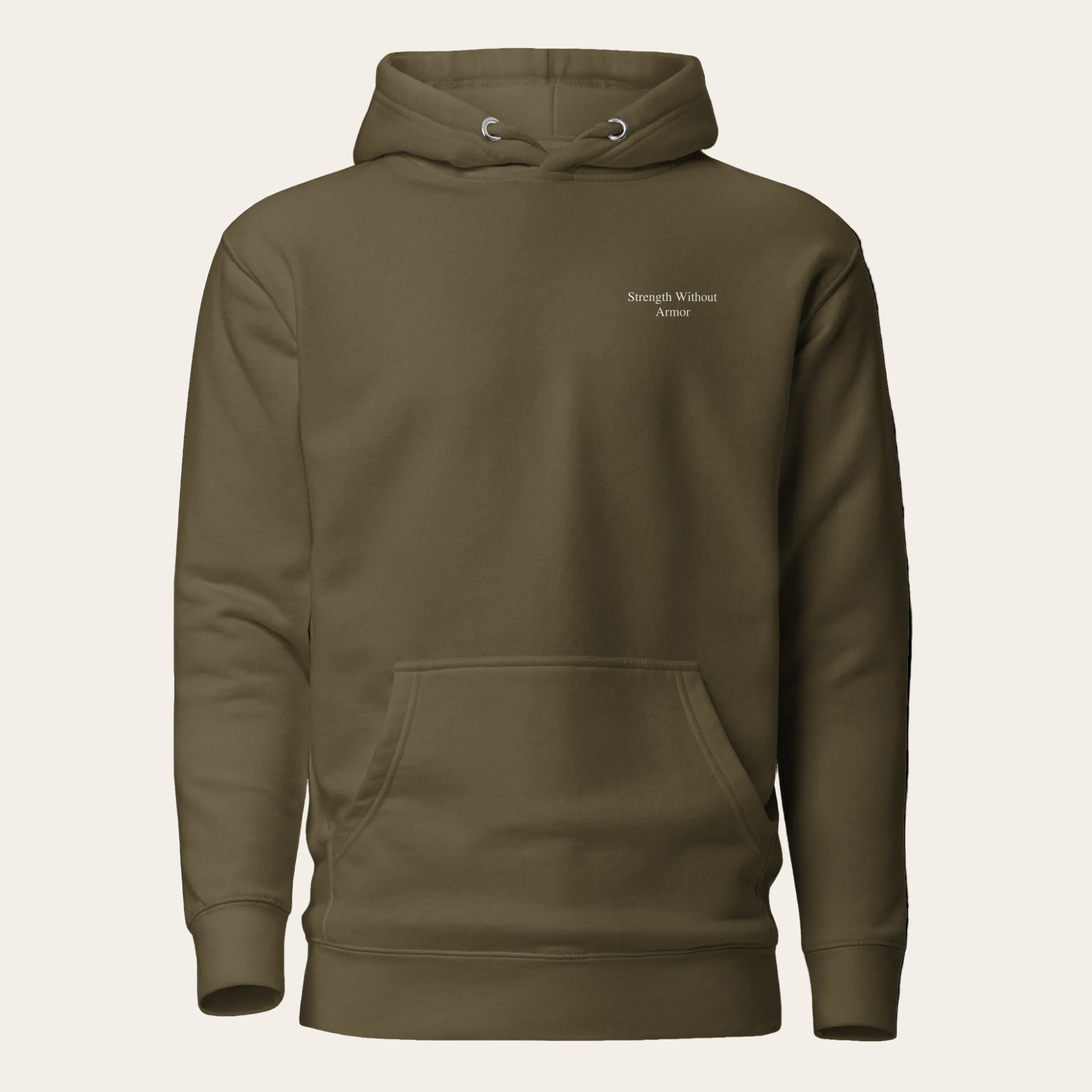 Dark gray hoodie with a small logo on the chest against a white background