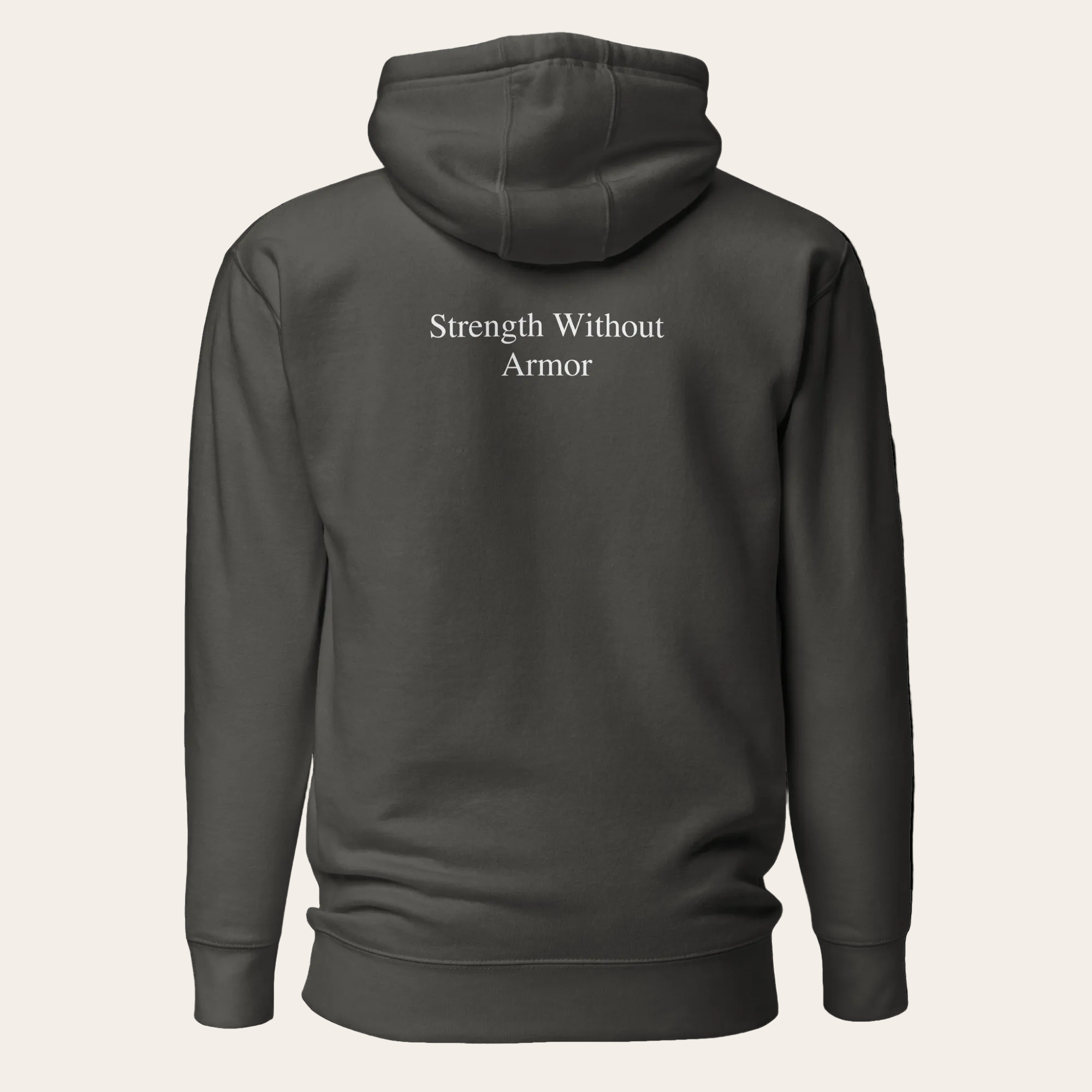 Dark gray hoodie shown from the back on a white background