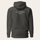 Dark gray hoodie shown from the back on a white background