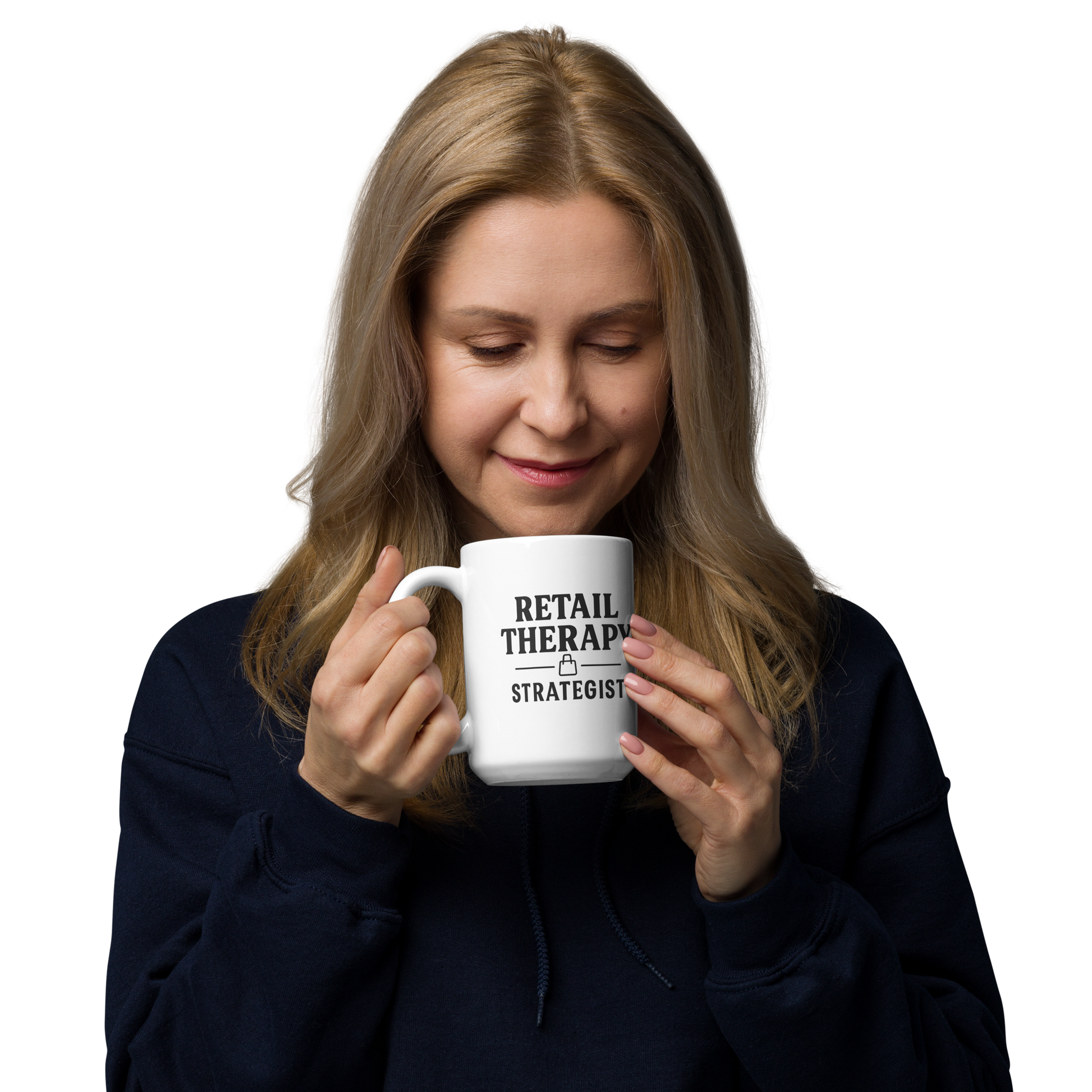 Woman holding a mug with 'Retail Therapy Strategist' text on a white background