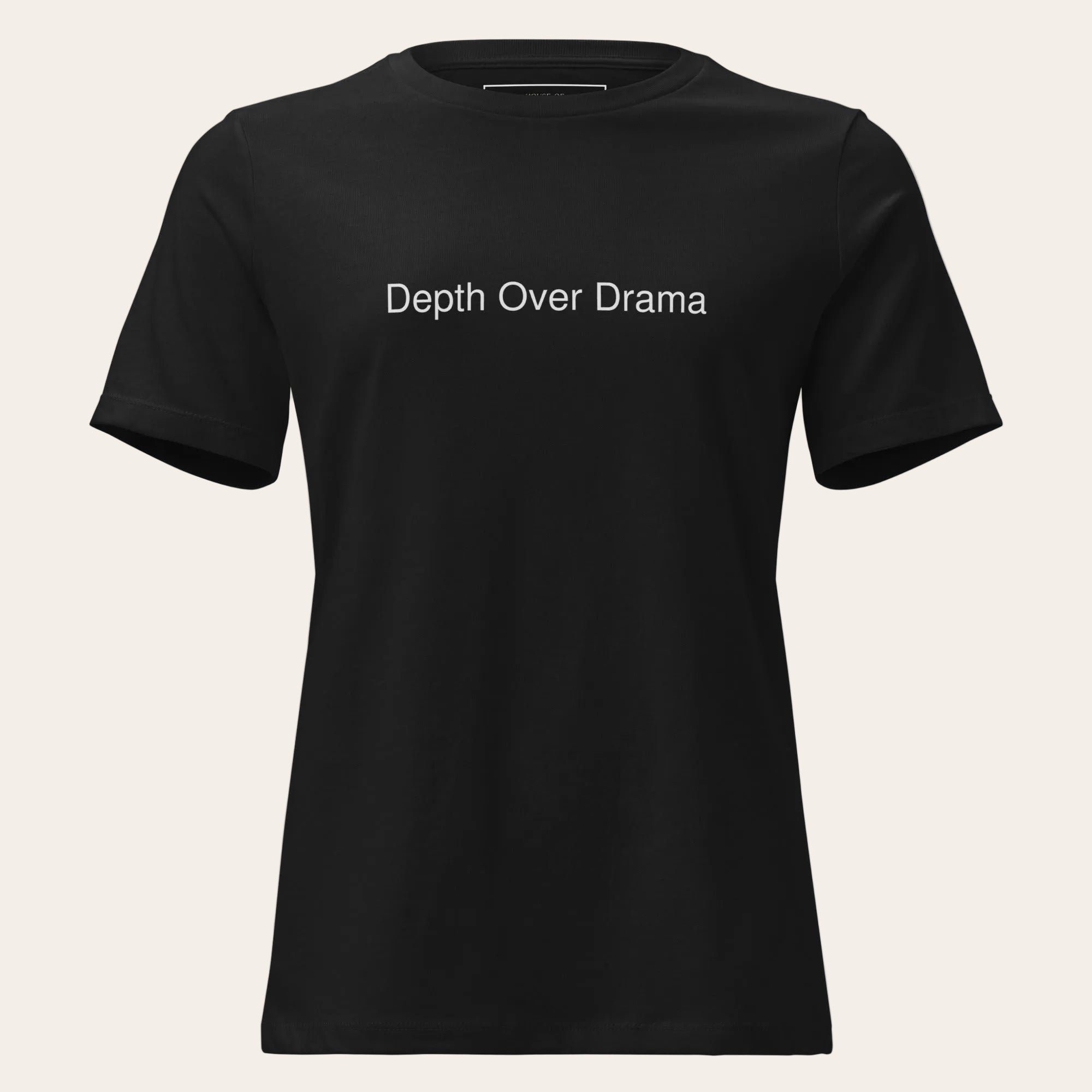 Black t-shirt with gold logo and text on a white background