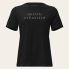 Black t-shirt with gold logo and text on a white background