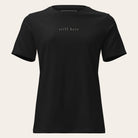 Black t-shirt with gold logo and text on a white background