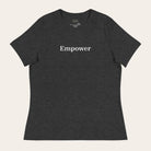 Dark gray t-shirt with 'Empower' text on a white background