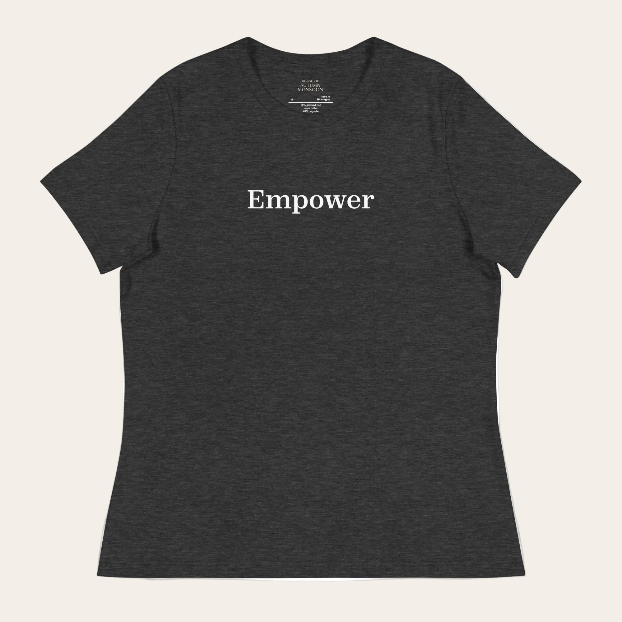 Dark gray t-shirt with 'Empower' text on a white background