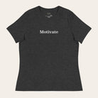 Dark gray t-shirt with 'Motivate' text on a white background