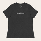 Dark gray t-shirt with 'Resilient' text on a white background