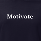 Black t-shirt with 'Motivate' text on a white background