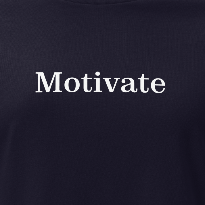Black t-shirt with 'Motivate' text on a white background