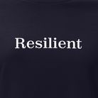 Black t-shirt with 'Resilient' text on a white background