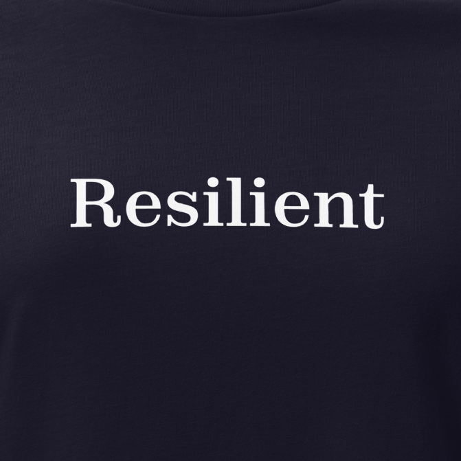 Black t-shirt with 'Resilient' text on a white background