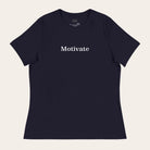 Black t-shirt with 'Motivate' text on a white background