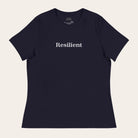 Black t-shirt with 'Resilient' text on a white background