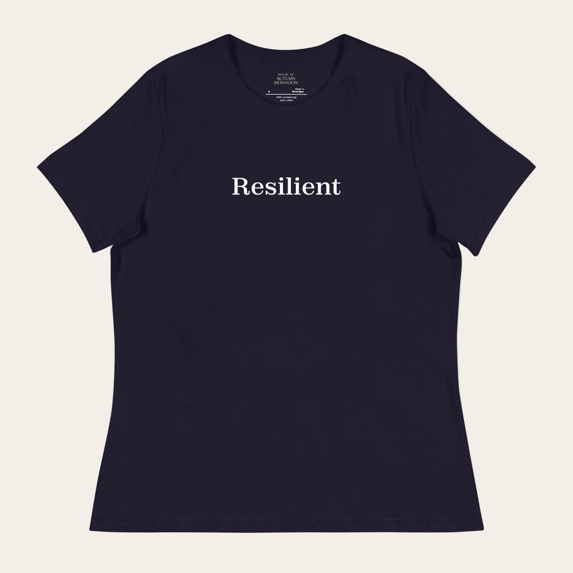 Black t-shirt with 'Resilient' text on a white background